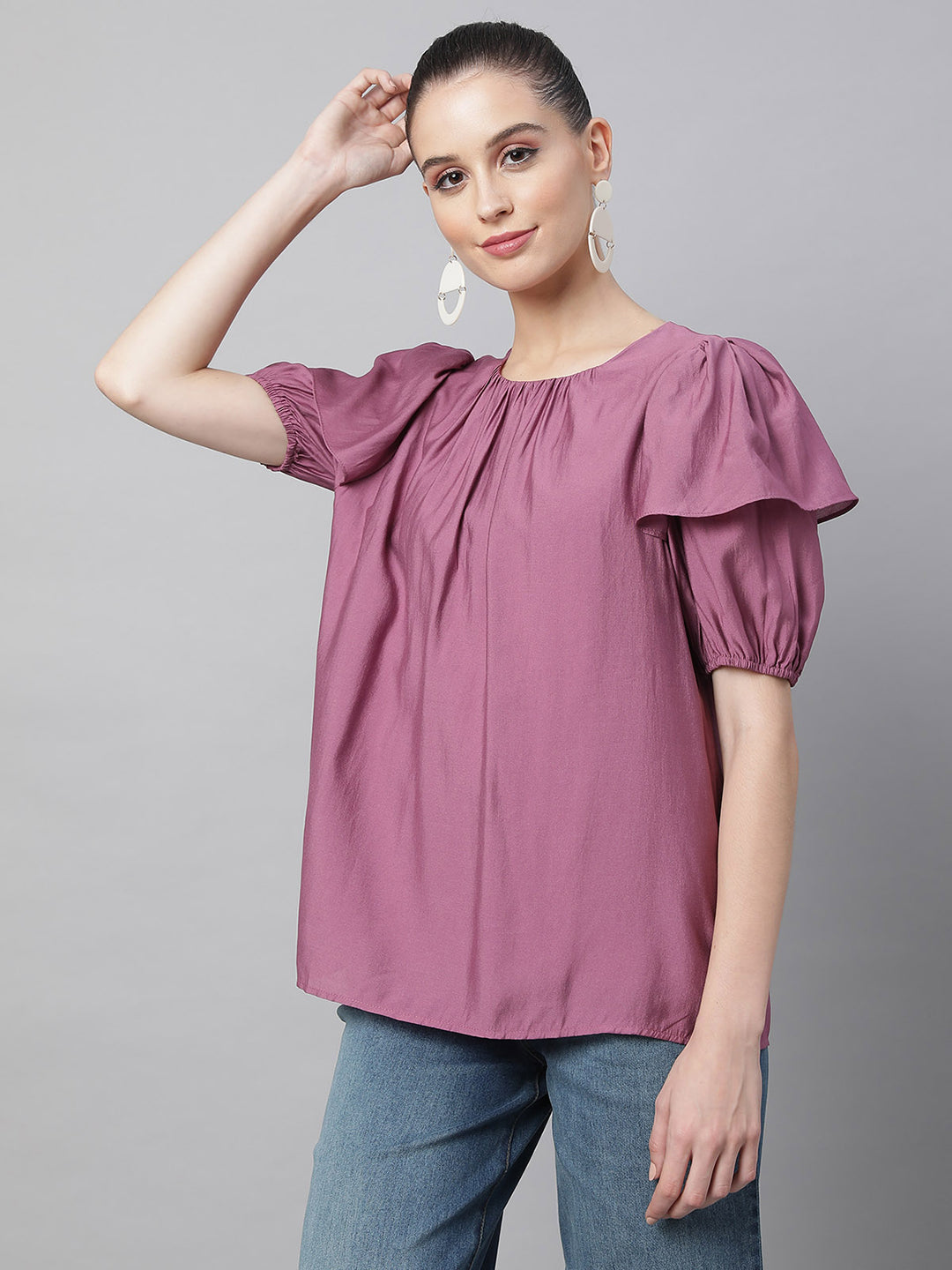 Flared Half Sleeves Rayon Blouson Top - Global Republic