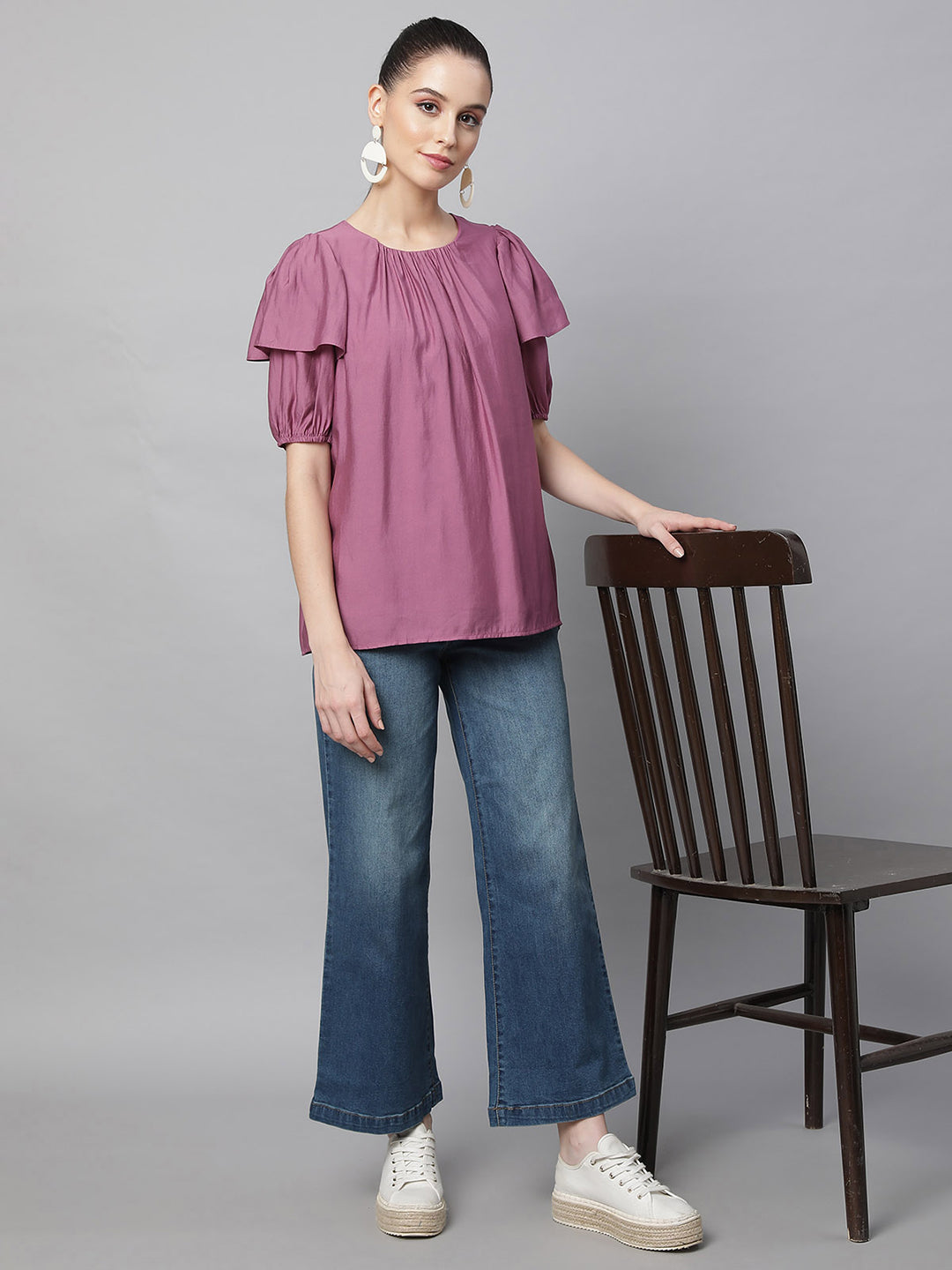 Flared Half Sleeves Rayon Blouson Top - Global Republic