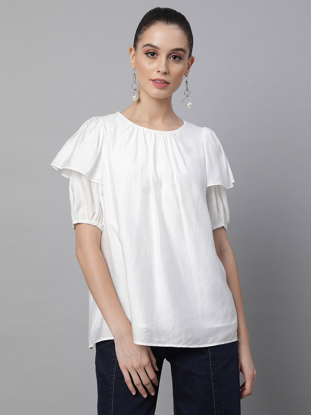 Flared Half Sleeves Rayon Blouson Top - Global Republic