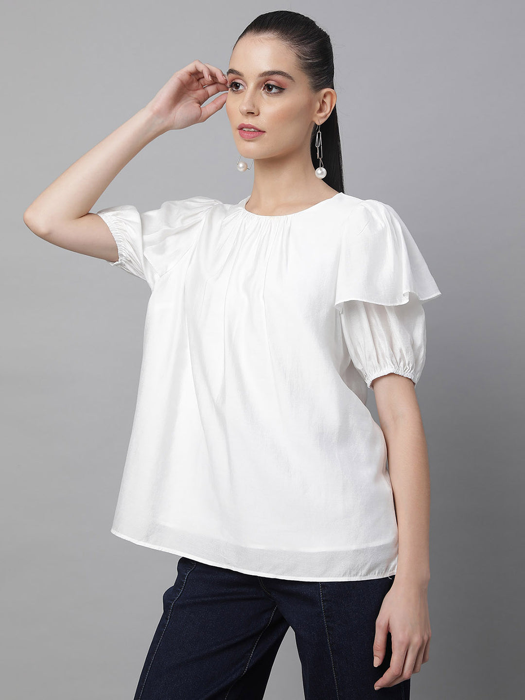 Flared Half Sleeves Rayon Blouson Top - Global Republic