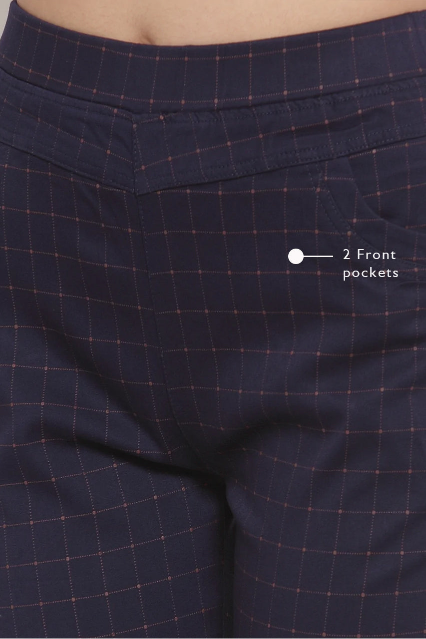 navy blue checked stretchable jeggings
