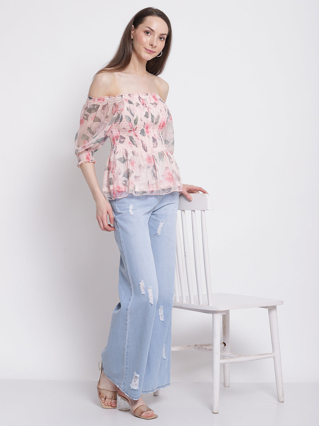 Women Off-Shoulder Pink Floral Print Peplum Top