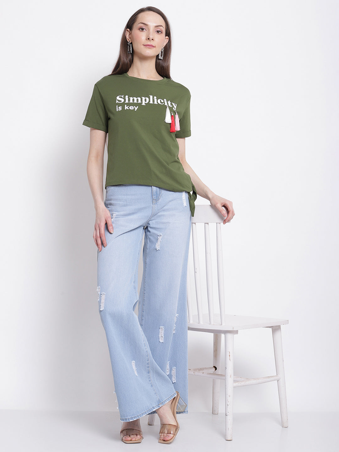Women Olive Green Print T-Shirt with Knot Details at Hem