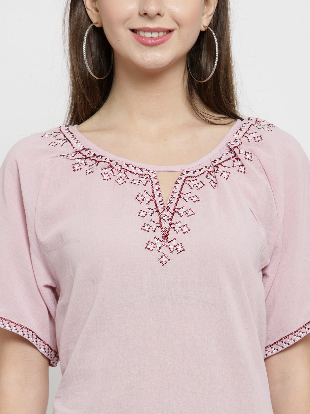 Women Pink Solid Round Embroidered Neck Top