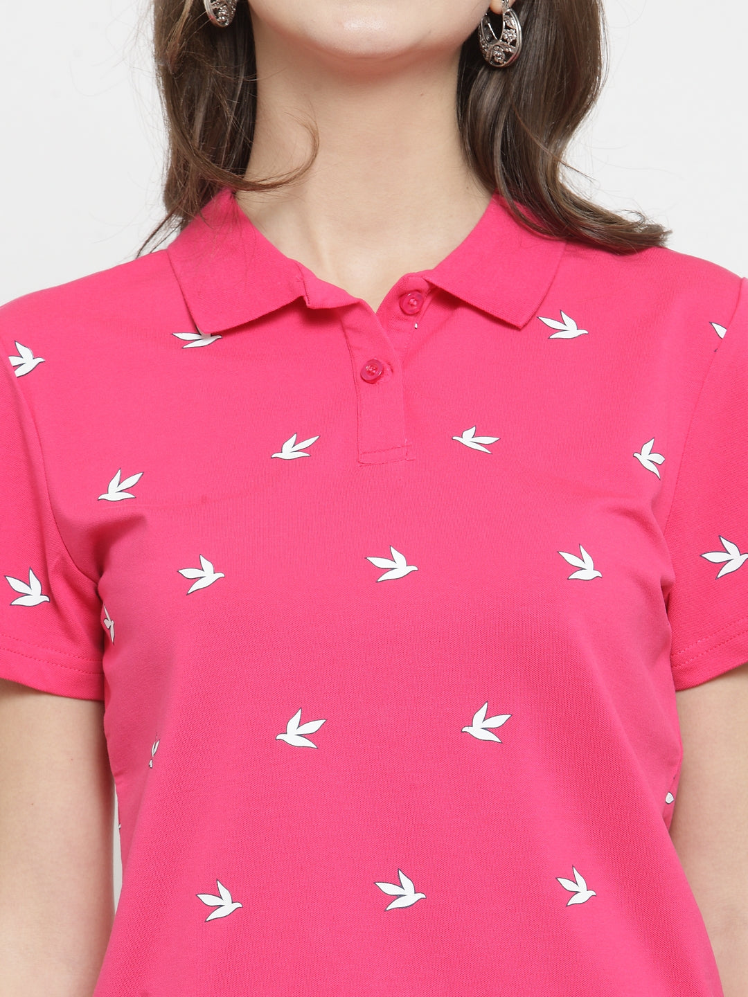 Women Pink Printed Collar Regular Fit T-Shirts
