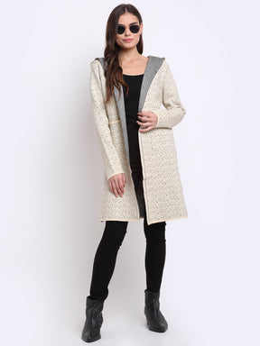 Women Beige Hooded Knitted Loose Fit Shrug
