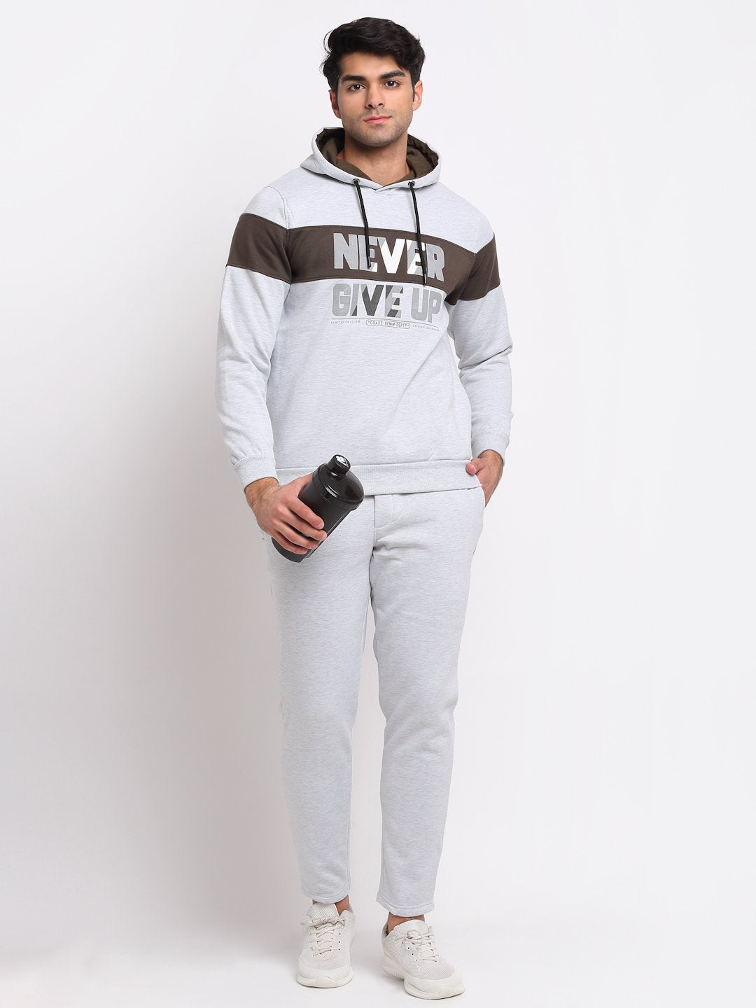 Men Off White Hooded Hosiery Solid TrackSuit