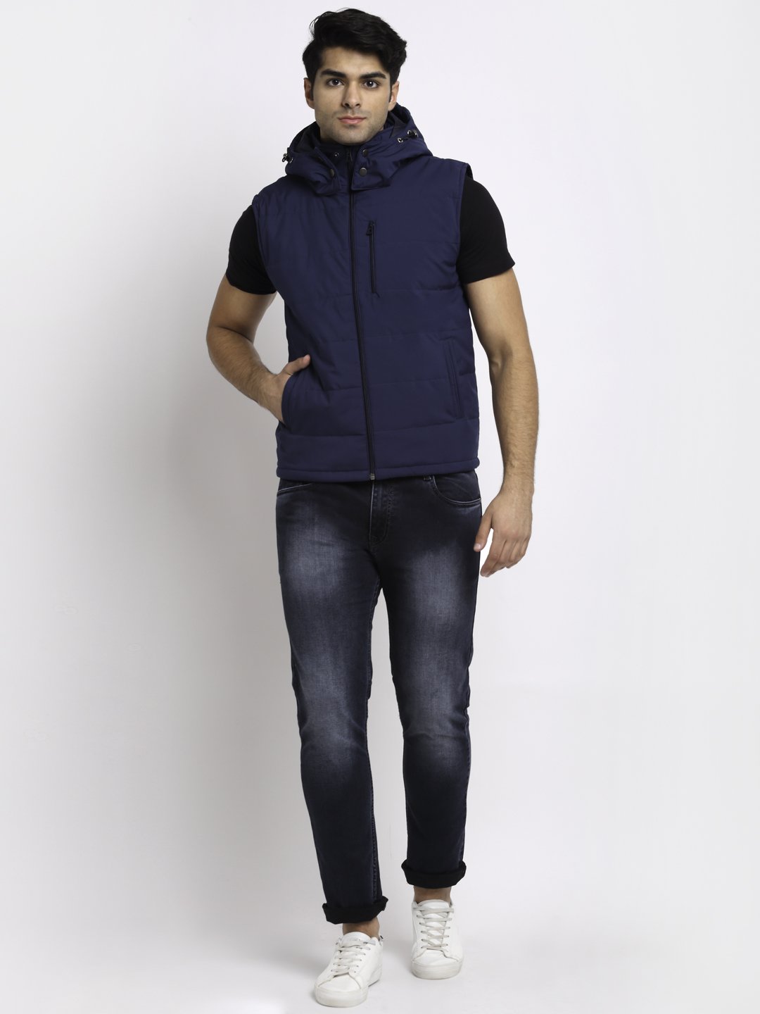 Navy Blue Hooded Solid Jacket - Global Republic