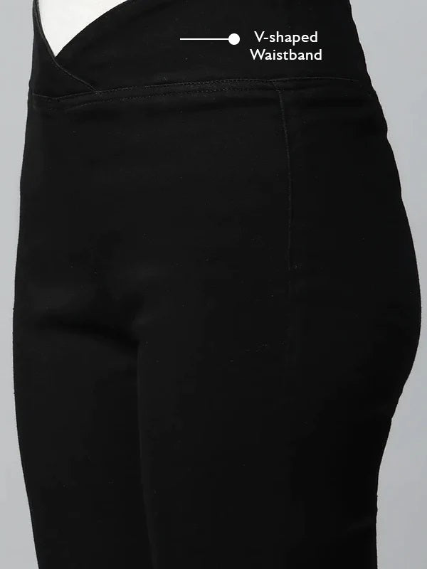 Black V-shape Waist Denim Bootcut Jegging