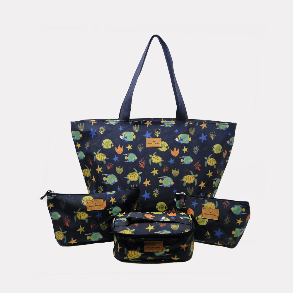 Blue Printed Shopping Bags with Multipurpose Kits (Set of 4)