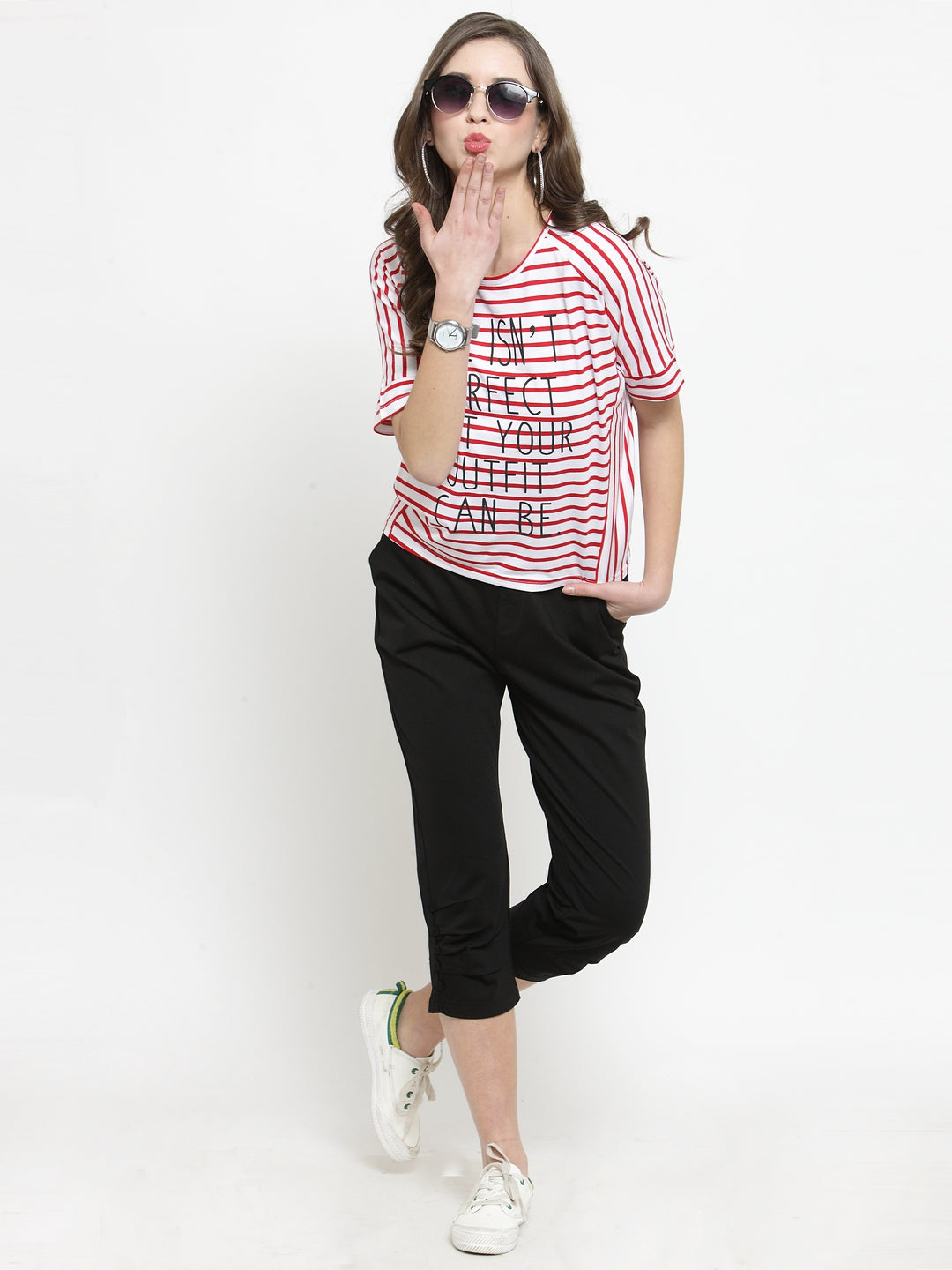 Women Red Striped Round Neck Regular Fit T-Shirts