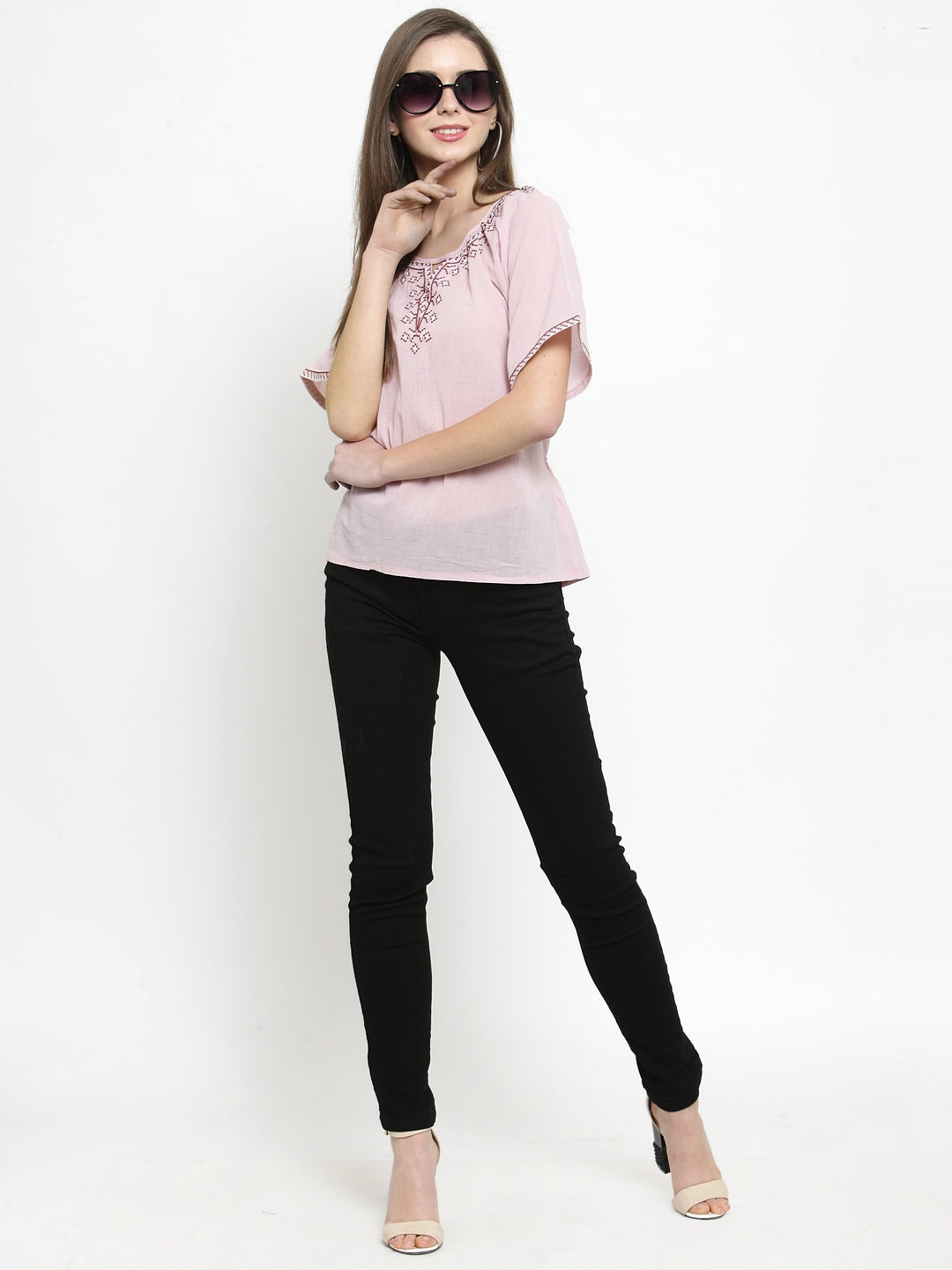 Women Pink Solid Round Embroidered Neck Top