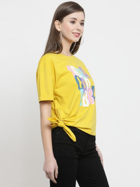 Women Printed Mustard Knot Round Neck Regular Fit T-Shirts