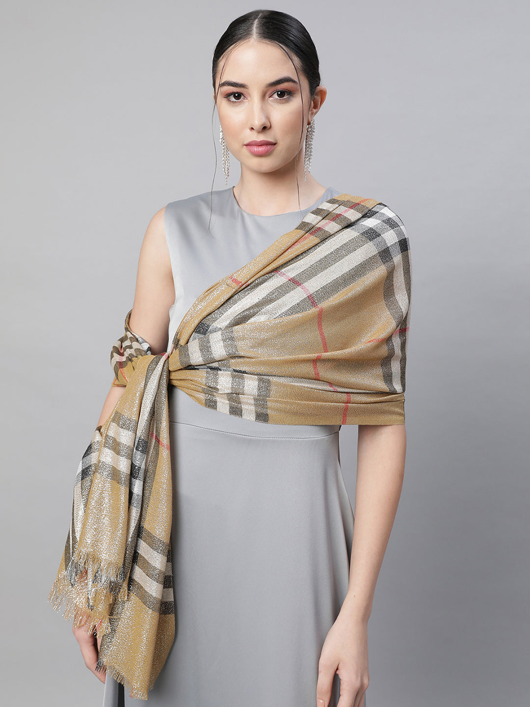 Women Gold Striped Printed Stole