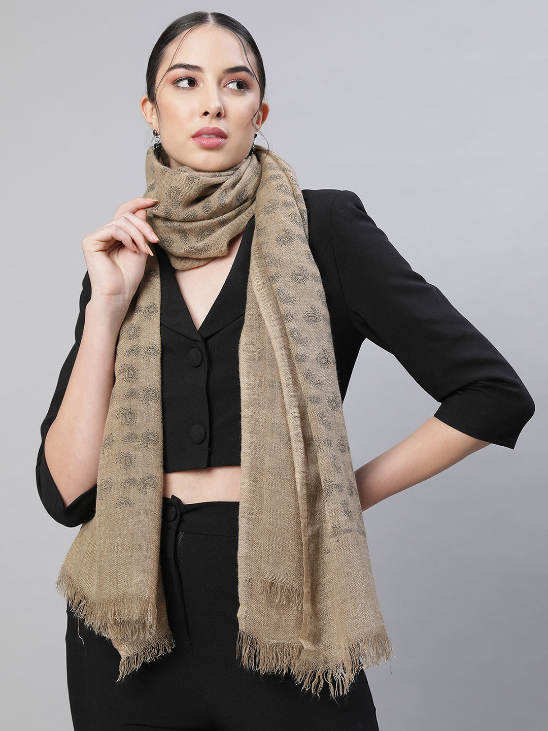 Women Beige Printed Woolen Stole - Global Republic