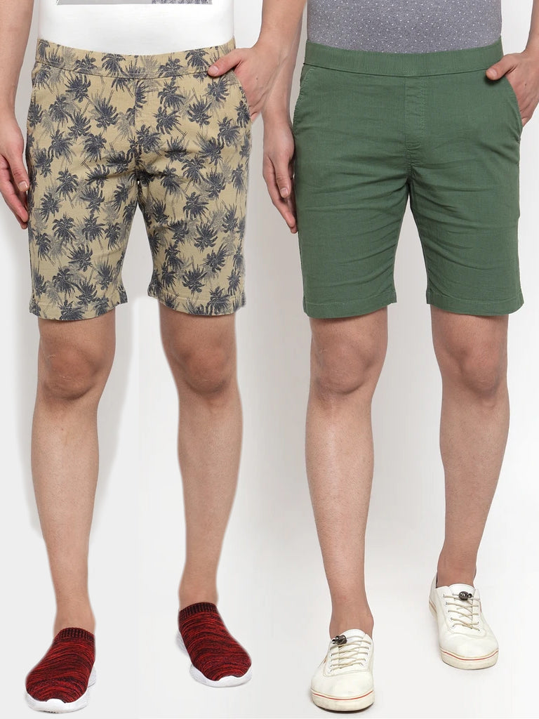 Mens Printed Beige And Plain Olive Combo Of 2 Shorts