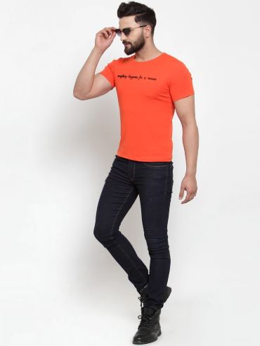 Mens Printed Orange And Navy Combo Of 2 T-Shirts