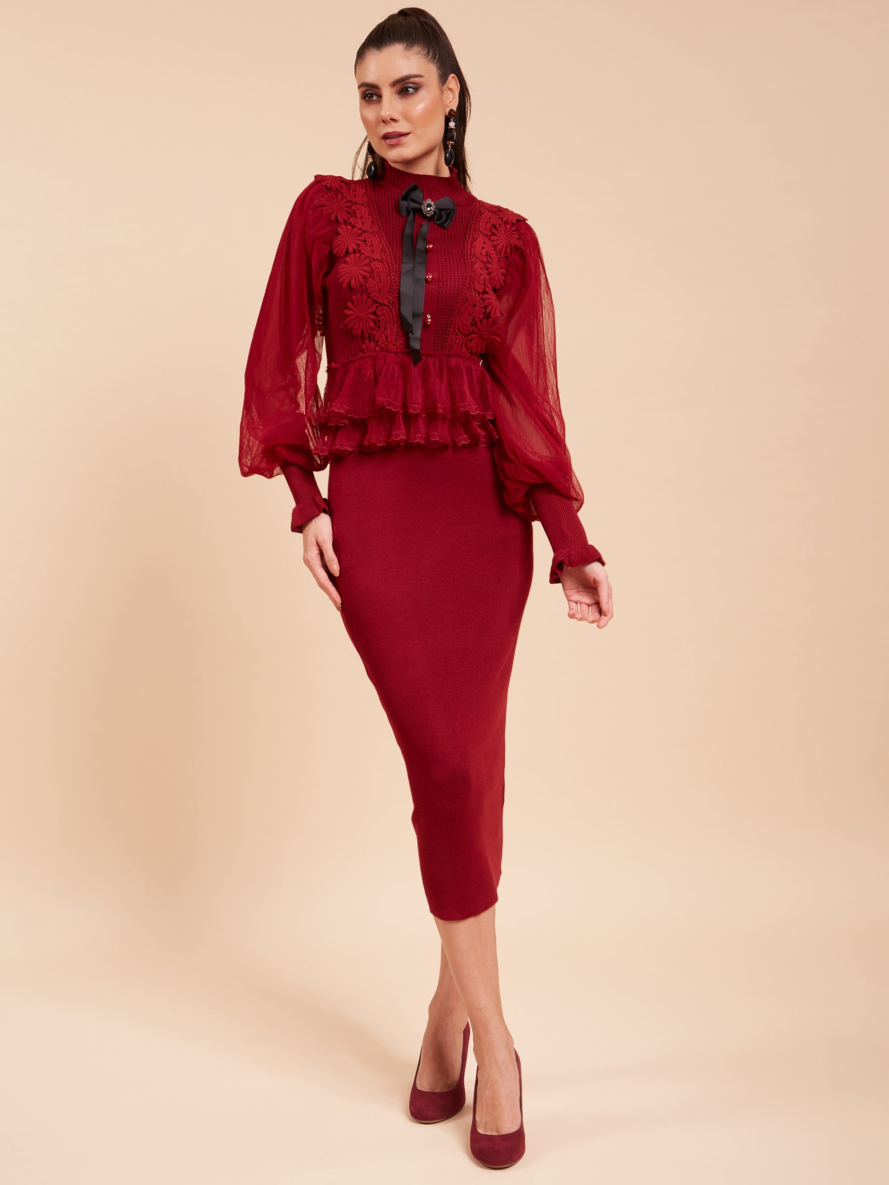 Women Turtle Neck Ruffled Full Sleeves Wine Solid Regular Fit Viscose Dress - Global Republic
