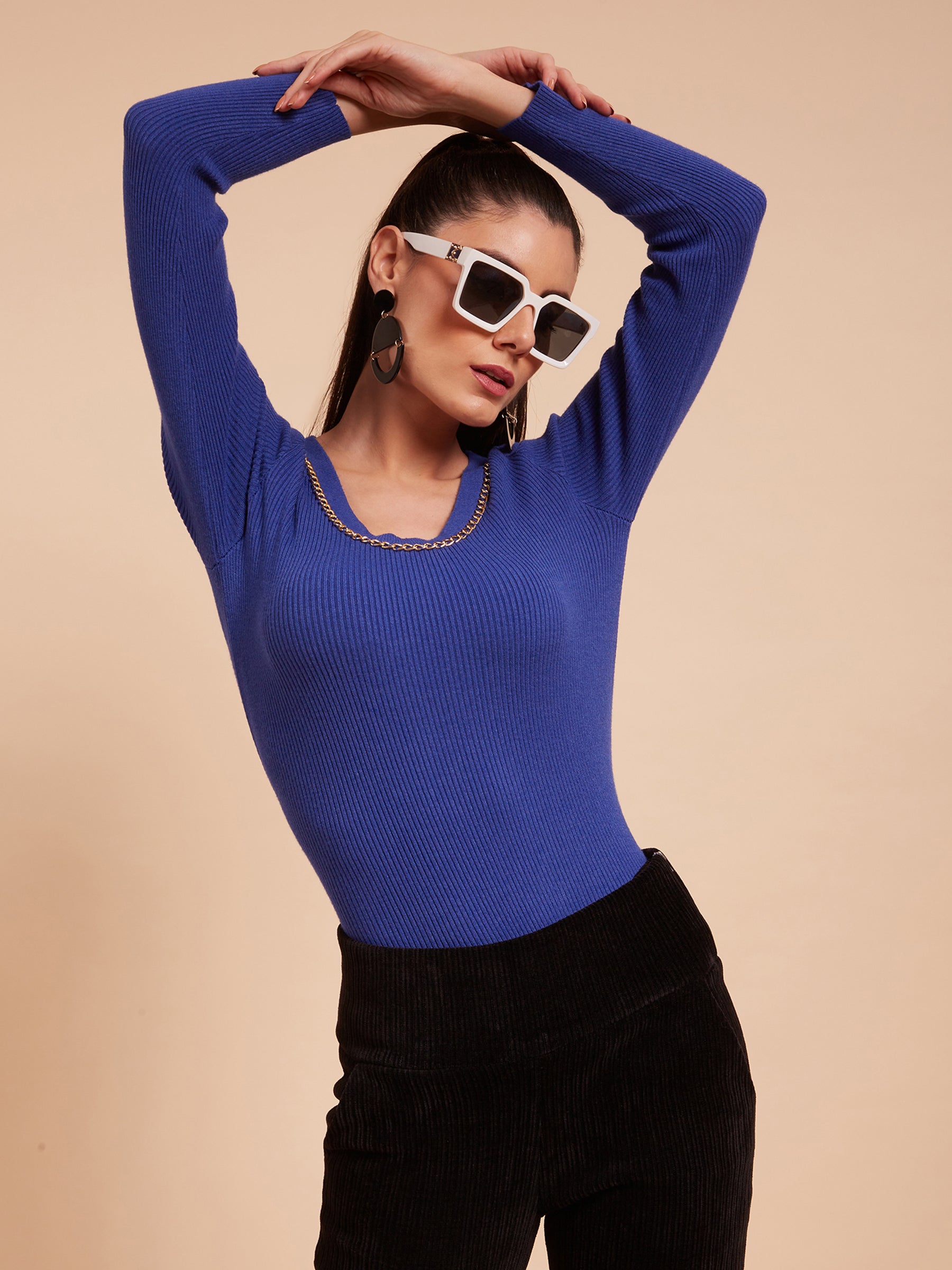 Women Round Neck Ribbed Hem Full Sleeves With Royal Blue