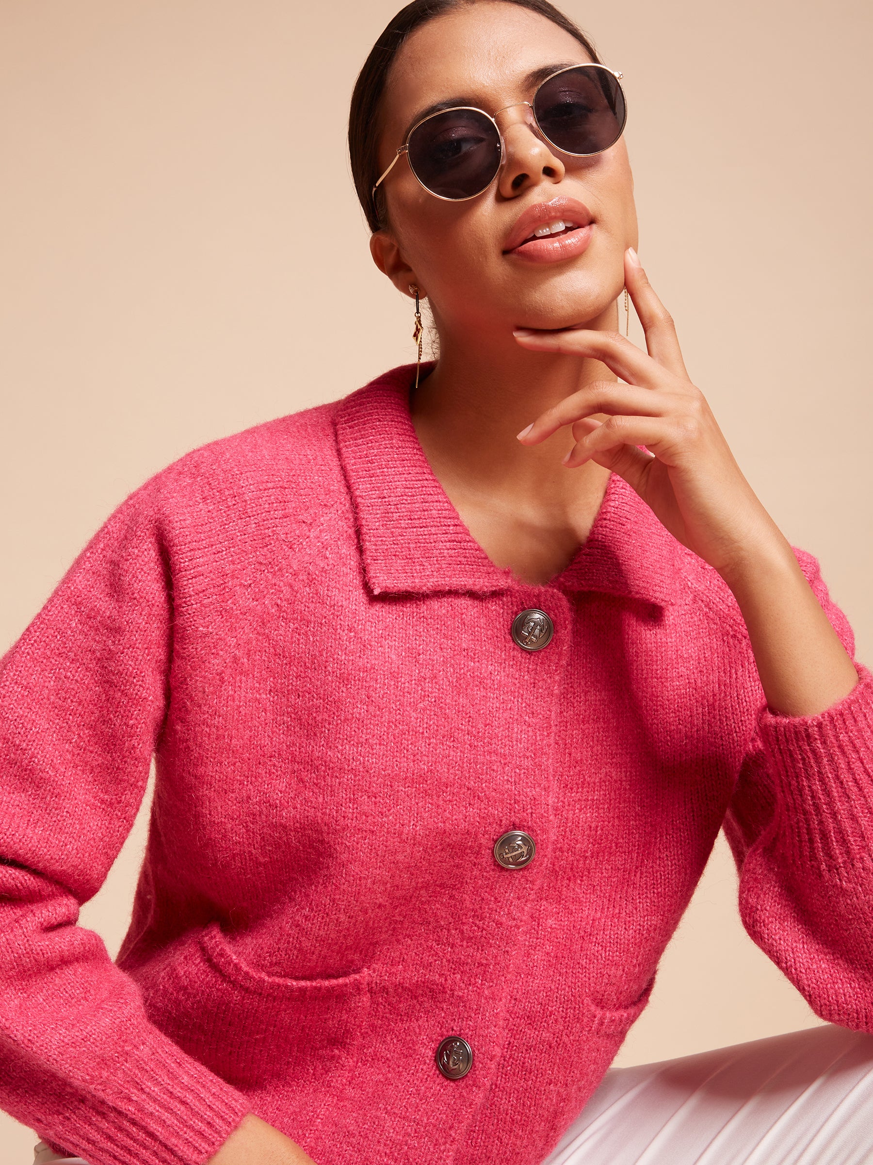 Women Spread Collar Raglan Full Sleeves Rose Solid Regular Fit Polyester Pullover