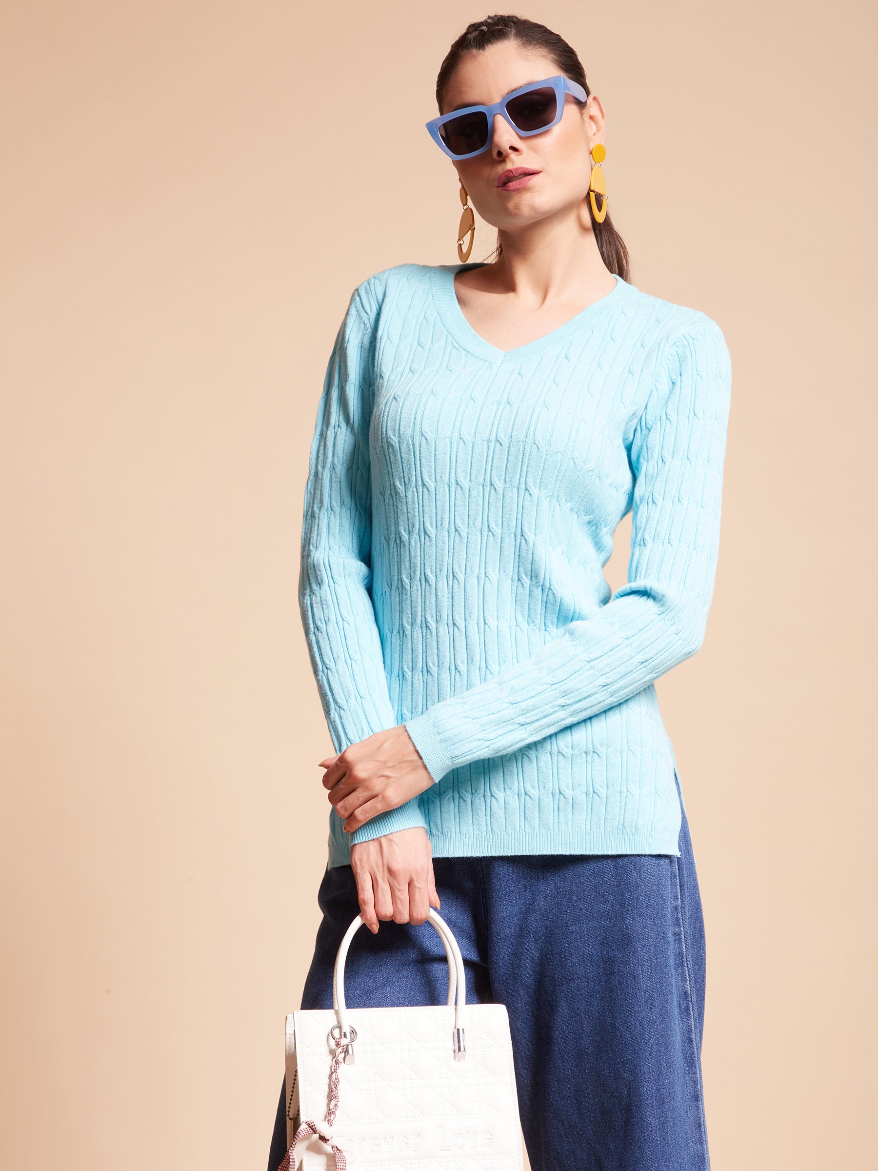 Women V-Neck Elongated Hem Blue Jacquard Regular Fit Pullover - Global Republic
