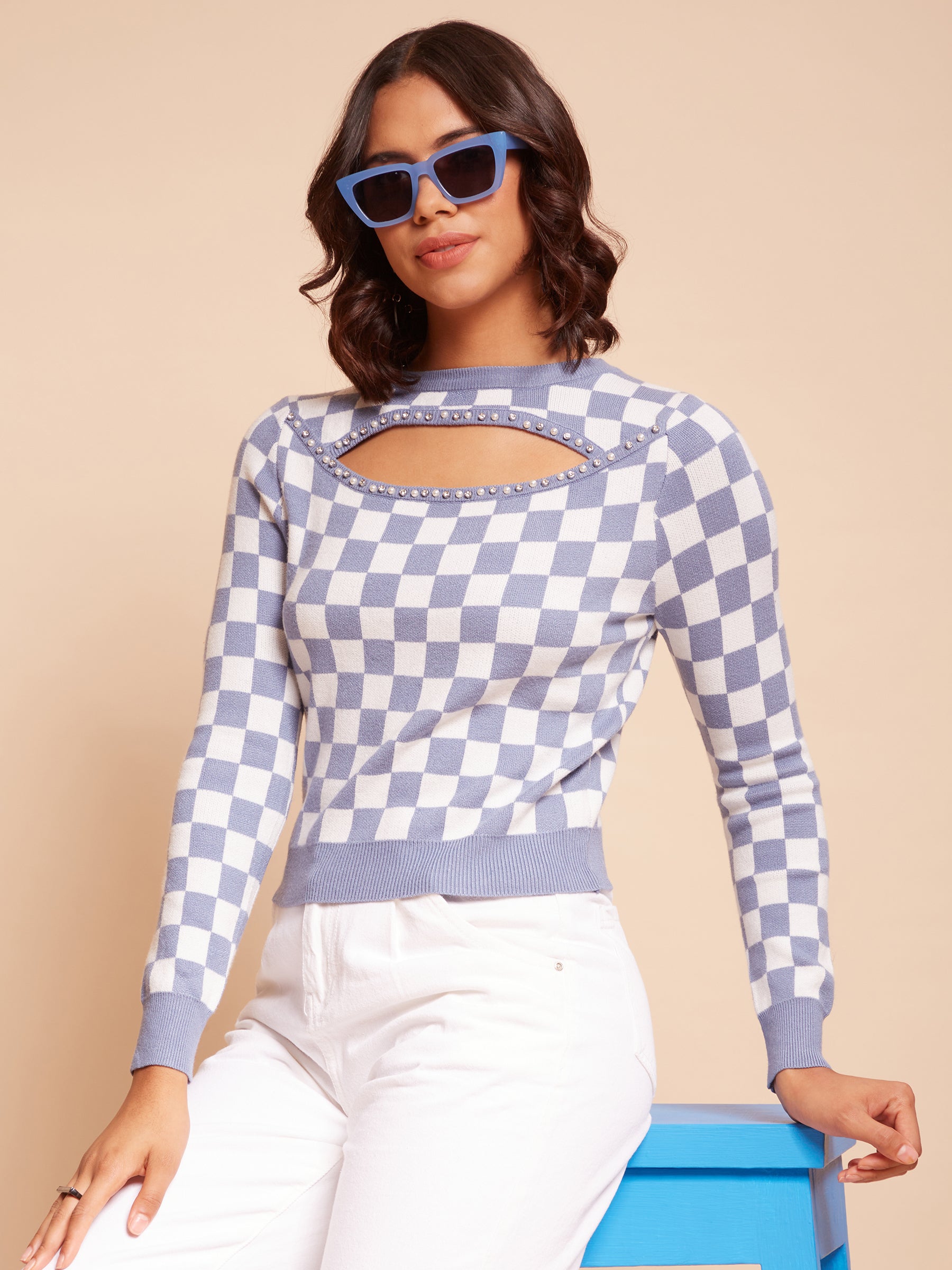 Women Asymmetric Neck Ribbed Hem Blue Jacquard Pullover - Global Republic