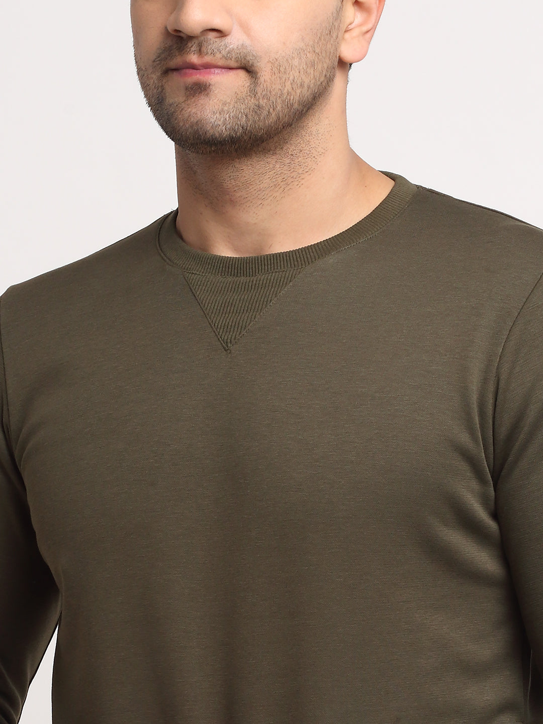 Men Olive Solid Round Neck Full Sleeve Sweatshirt - Global Republic