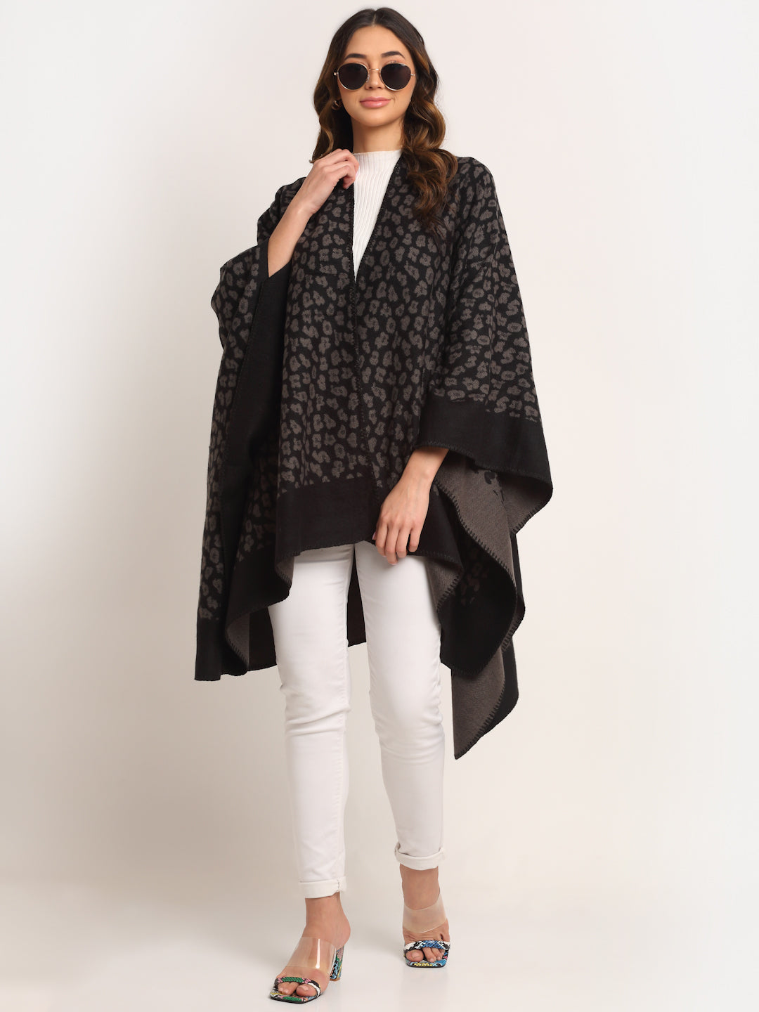 Women Black V-Neck Printed Cape