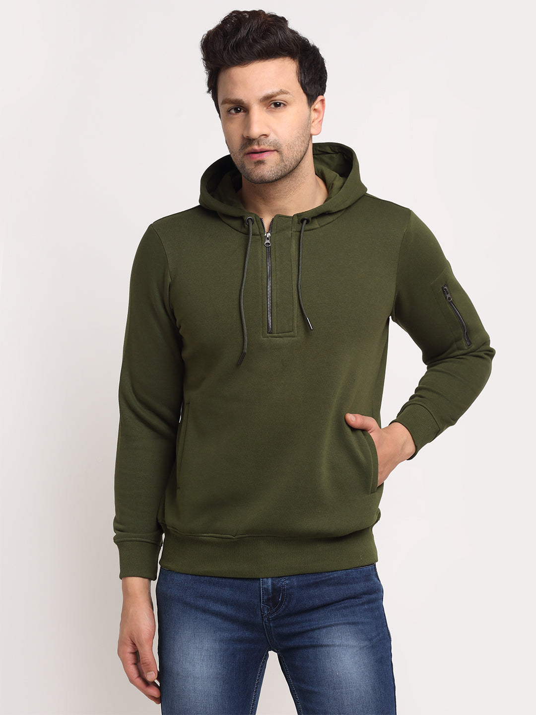 Men Olive Solid Hooded Sweatshirt