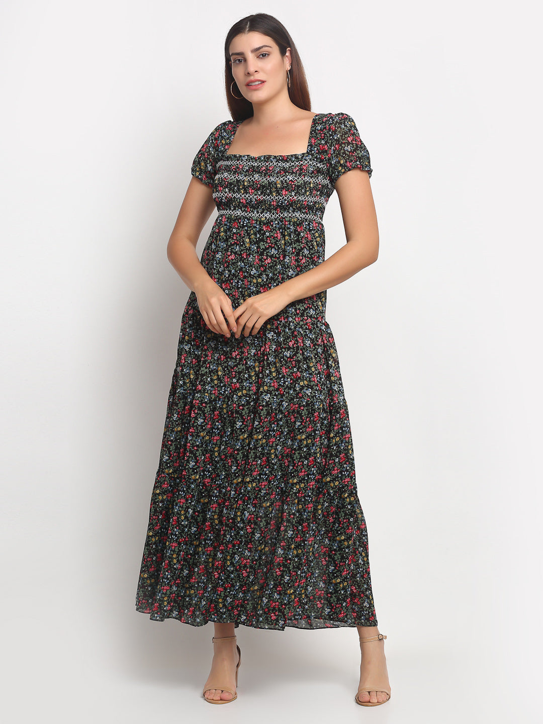women black square neck printed maxi dress