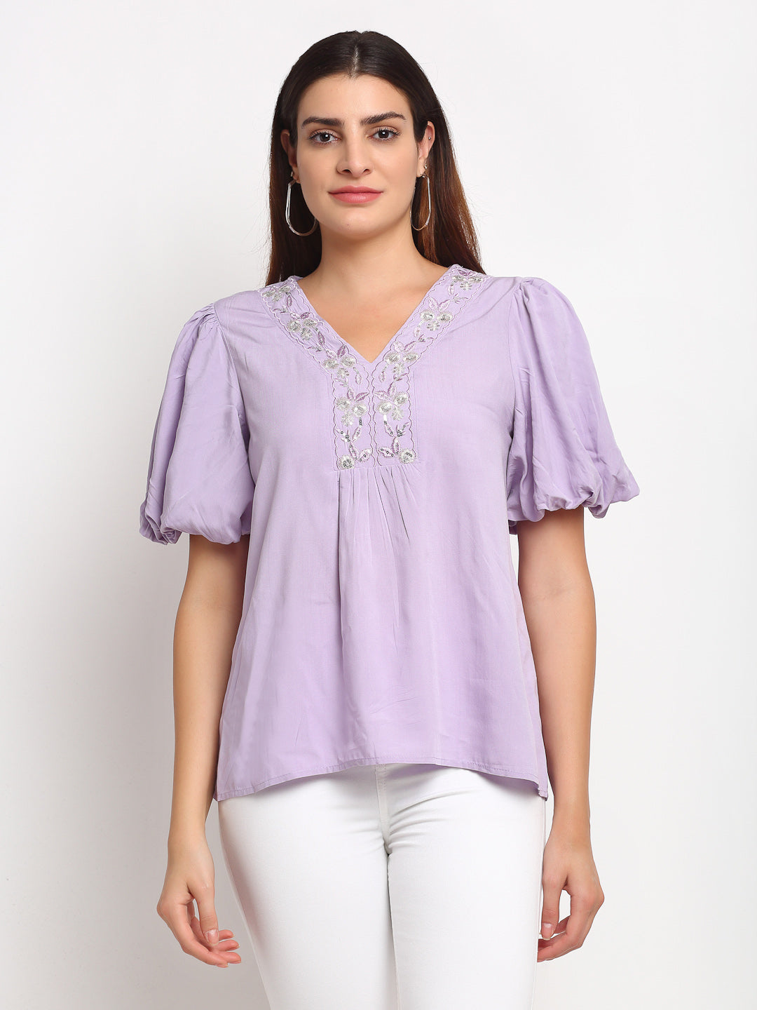 Women Purple Viscose Rayon Puffed Sleeves Top - Global Republic