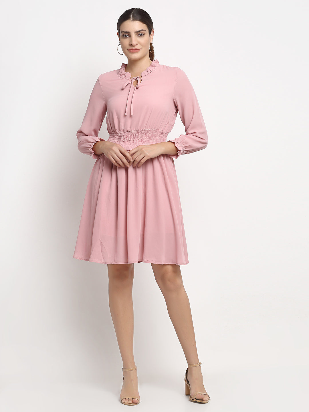 women pink high neck solid knee length dress
