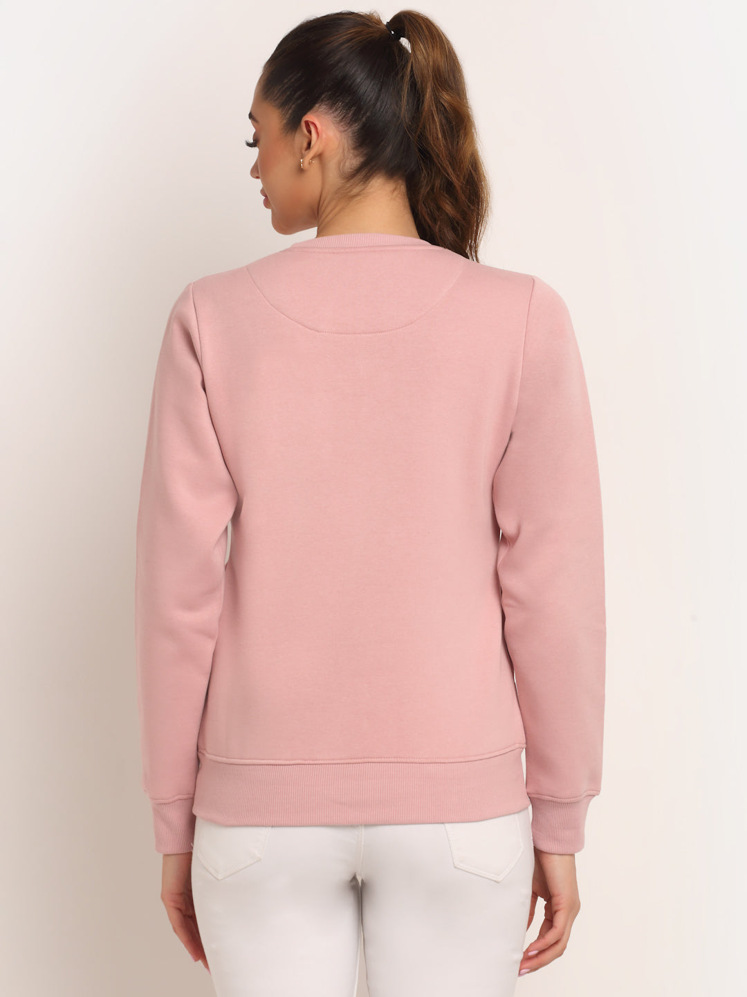 Women Pink Round Neck Hosiery Solid Sweatshirt