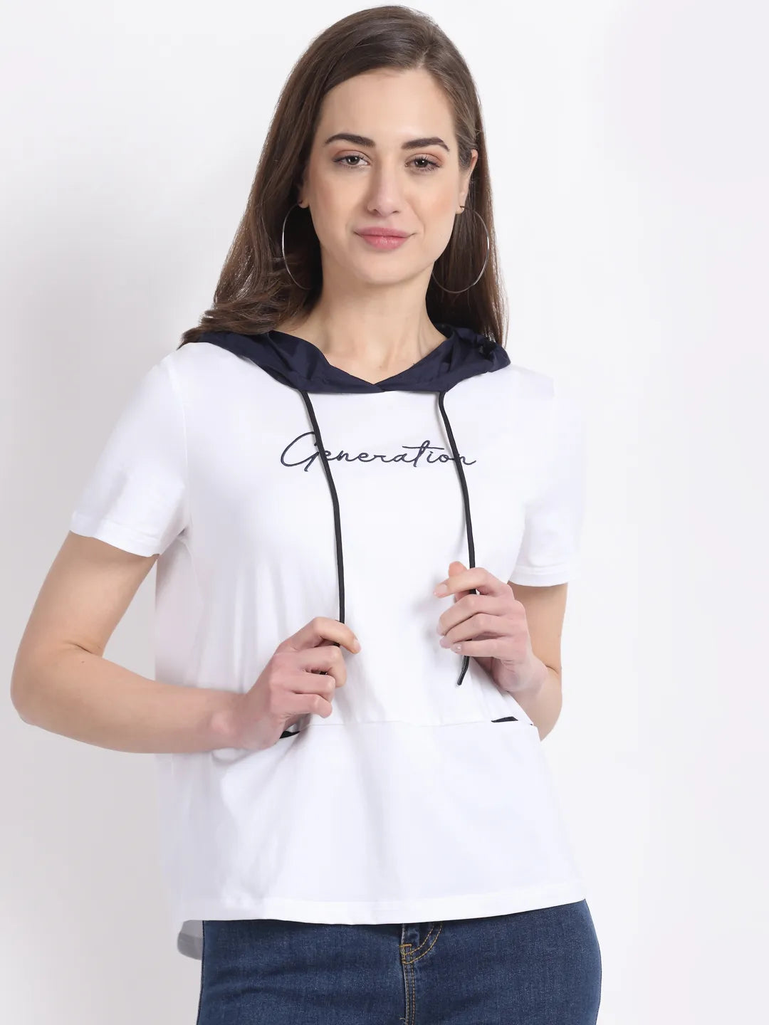 Women Regular-Fit White Cotton Hooded T-Shirt - Global Republic