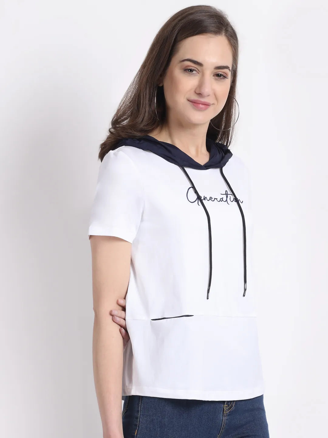 Women Regular-Fit White Cotton Hooded T-Shirt - Global Republic