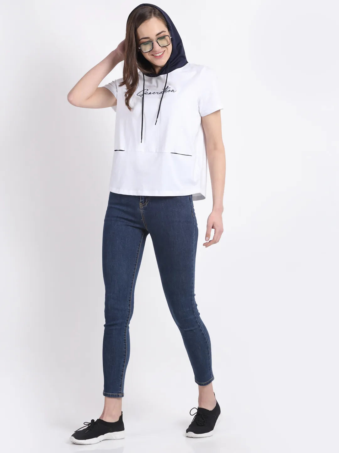 Women Regular-Fit White Cotton Hooded T-Shirt - Global Republic