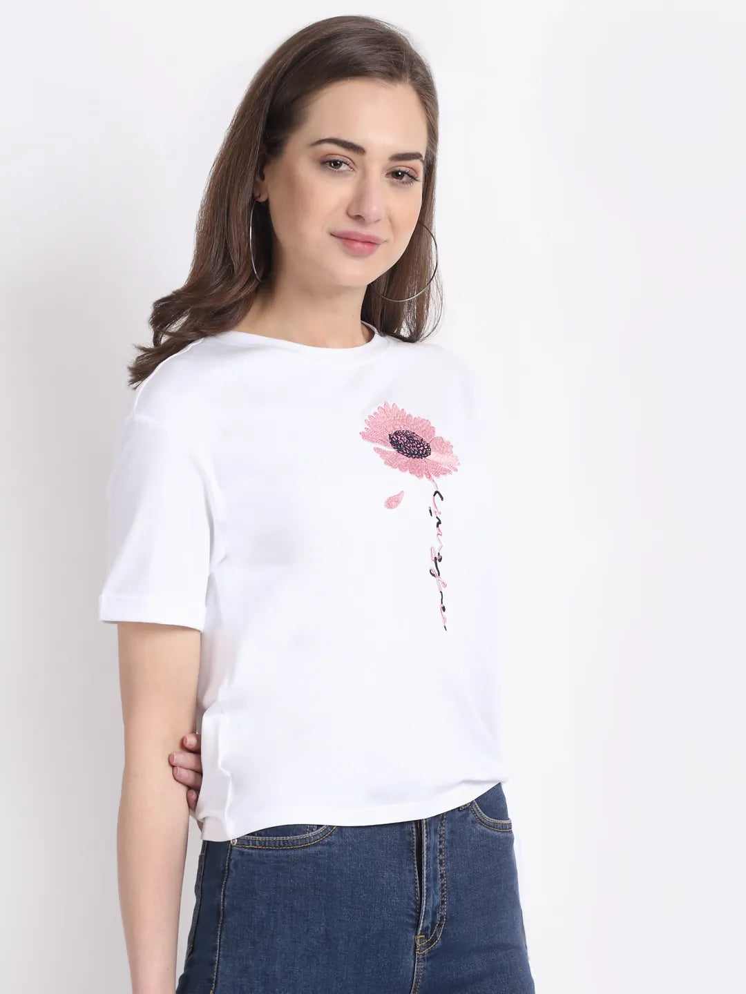 Women White Half Sleeve Crew Neck Solid Top - Global Republic
