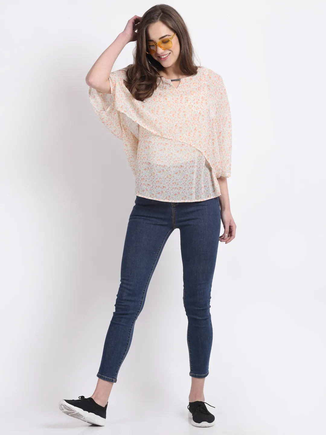 Women Orange Printed Layered Blouson Top - Global Republic