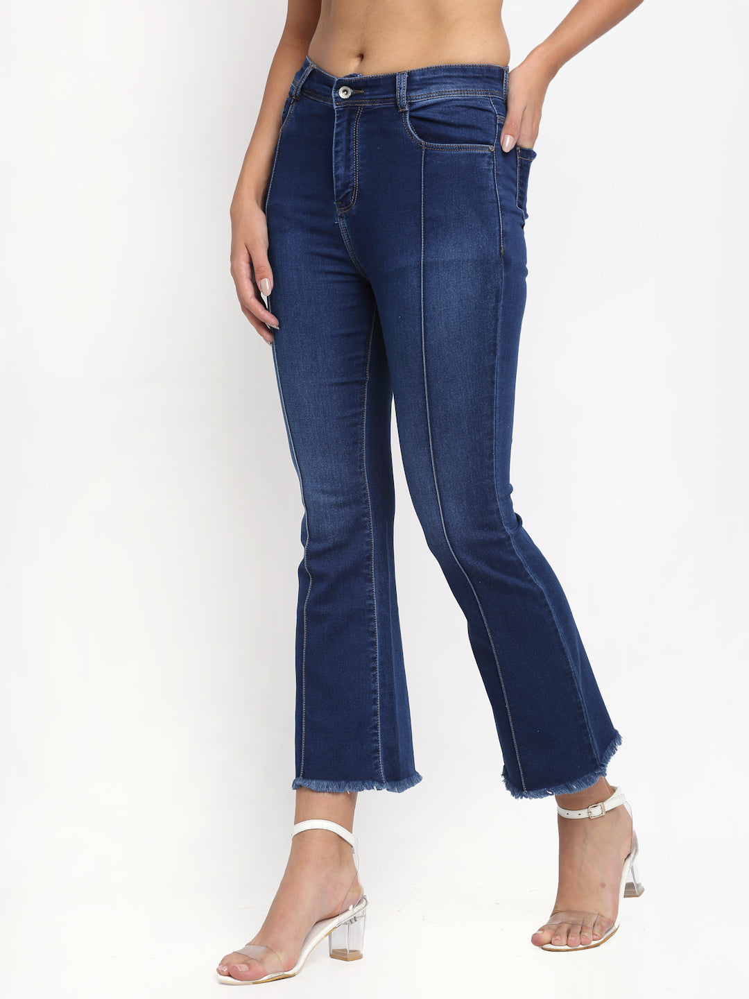 Women Bell Bottom Cropped Navy Blue Jeans - Global Republic