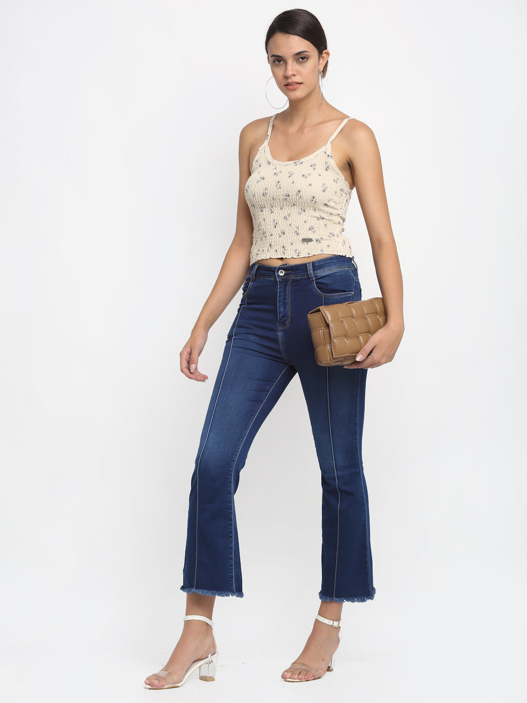 Women Bell Bottom Cropped Navy Blue Jeans - Global Republic