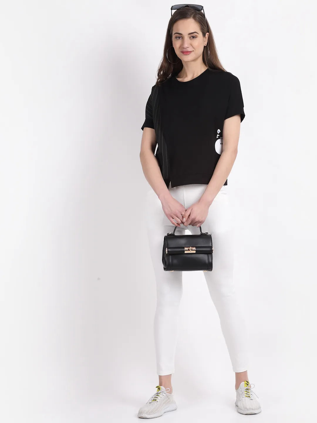 Women Solid Black Round Neck Hosiery Top - Global Republic