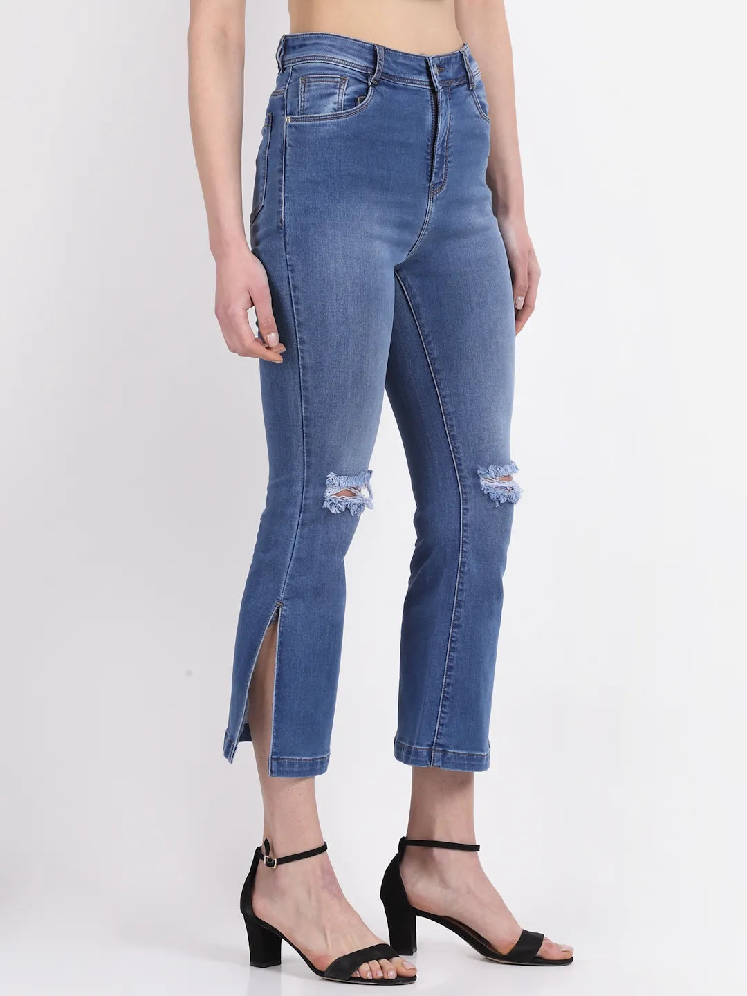 Women Bell-Bottom Cropped Length Distressed Blue Jeans - Global Republic