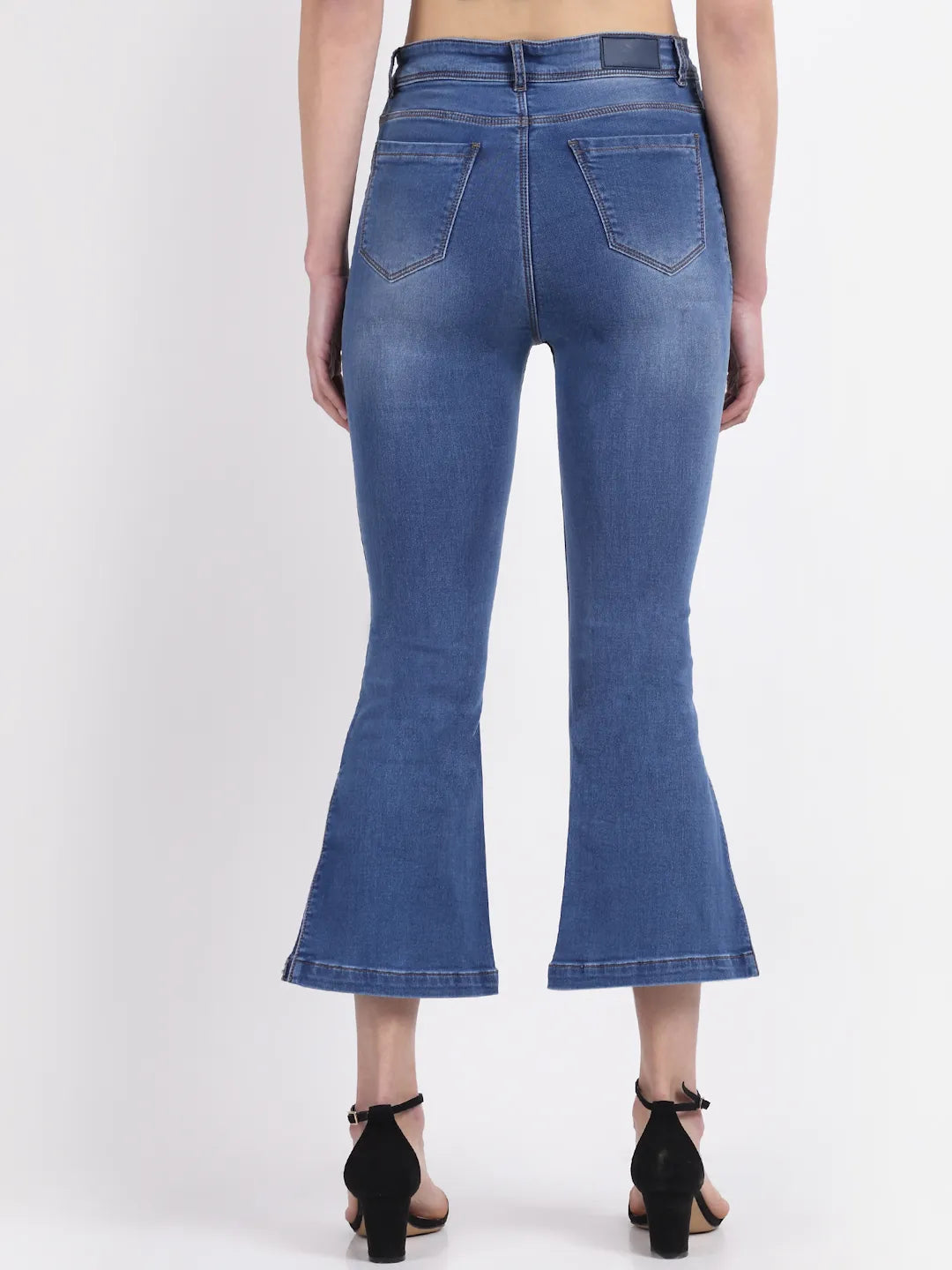 Women Bell-Bottom Cropped Length Distressed Blue Jeans - Global Republic
