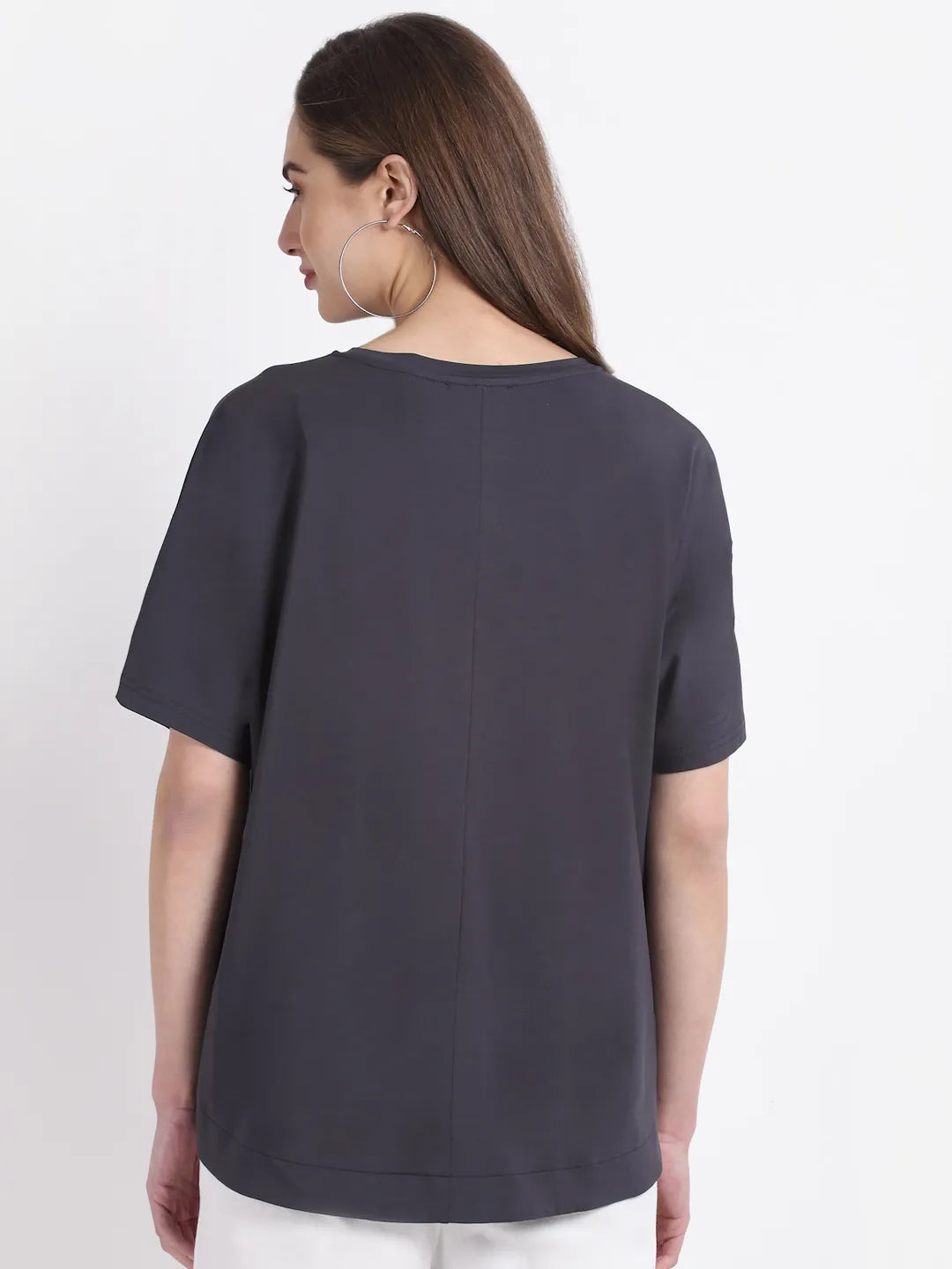 Women Round Neck Grey Printed Asymmetric Top - Global Republic