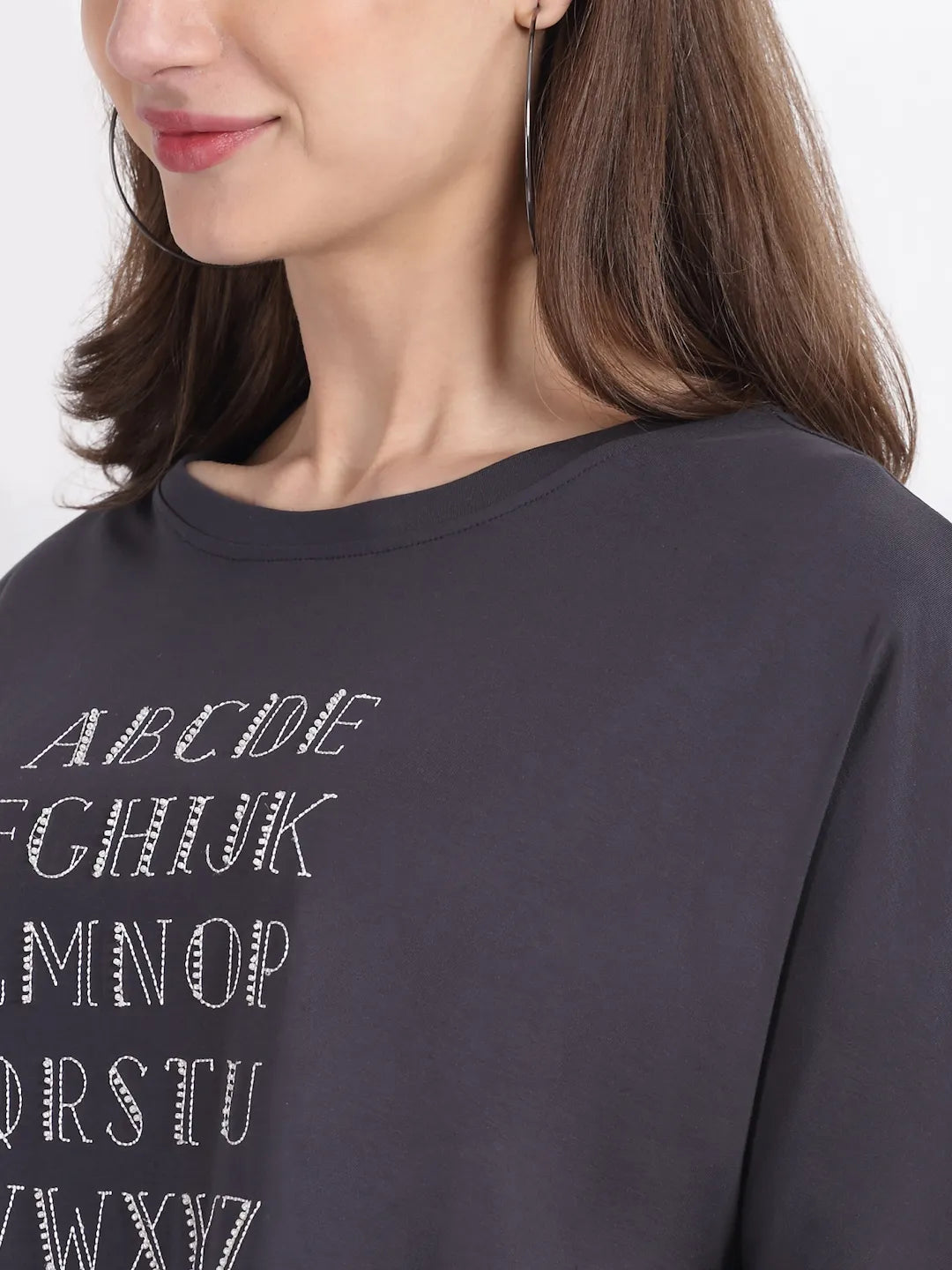 Women Round Neck Grey Printed Asymmetric Top - Global Republic