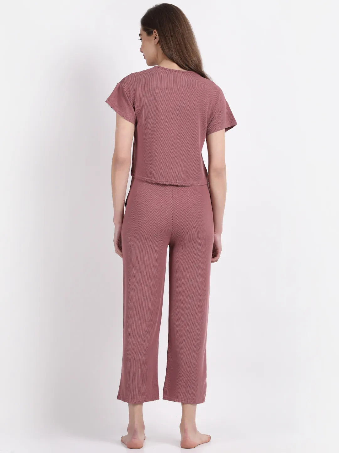 Women Pink Round Neck Solid Night Suit