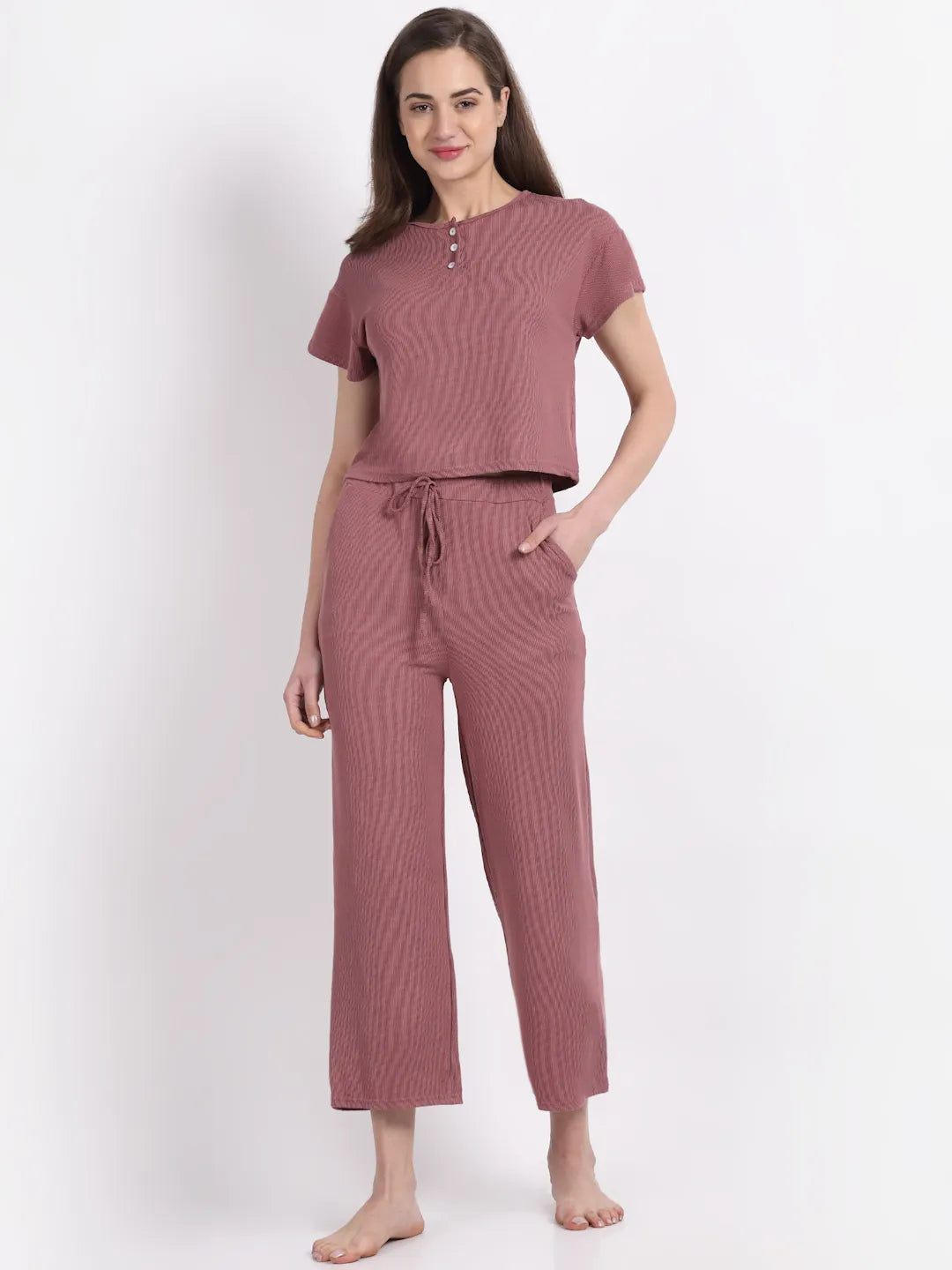 Women Pink Round Neck Solid Night Suit