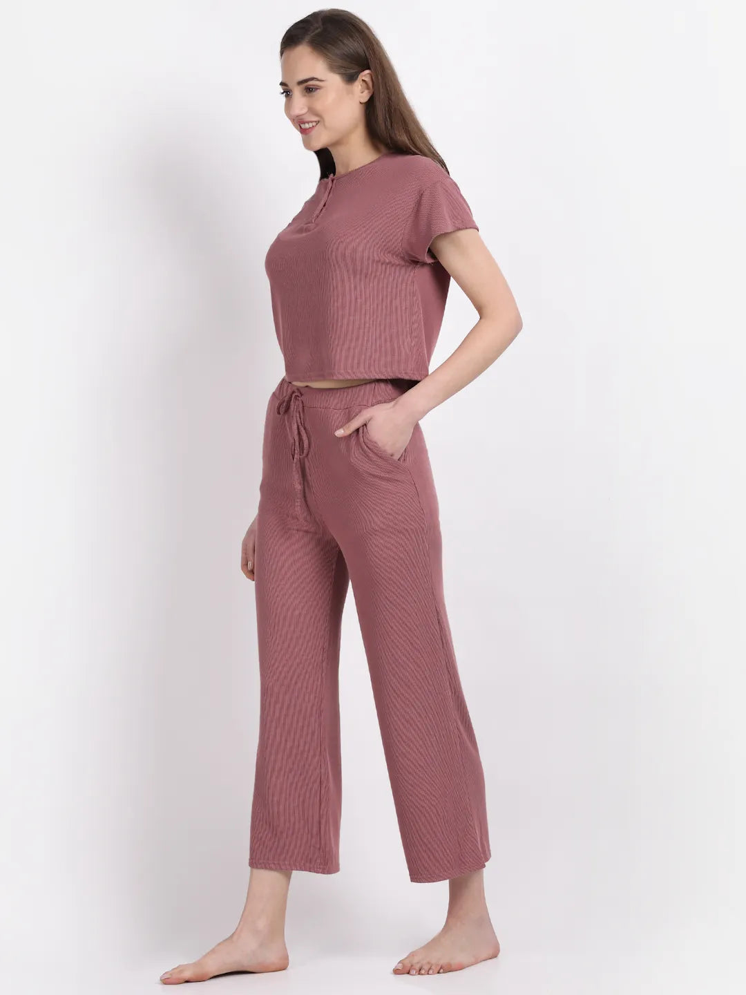 Women Pink Round Neck Solid Night Suit
