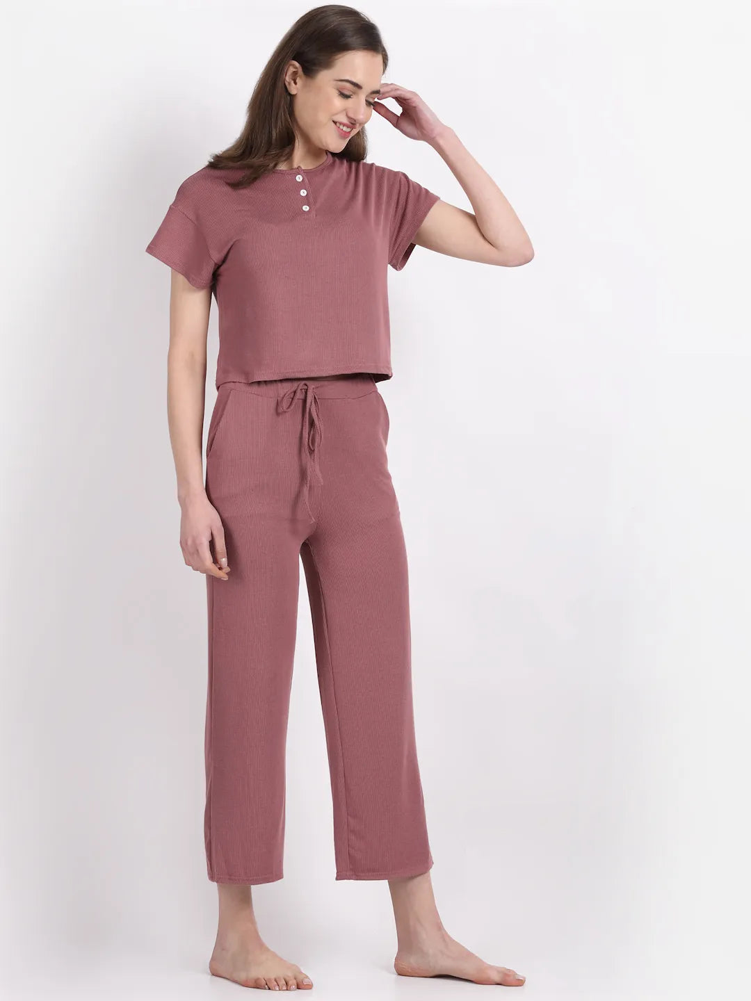 Women Pink Round Neck Solid Night Suit