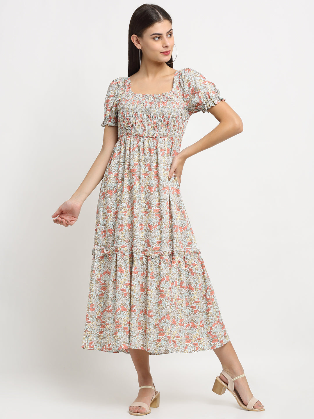 Grey Floral Maxi-Fit Flared Dress - Global Republic